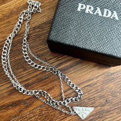 Prada White Triangle Logo Necklace - Sterling Silver Pendant - Silver 16” Chain, Hangs 20”