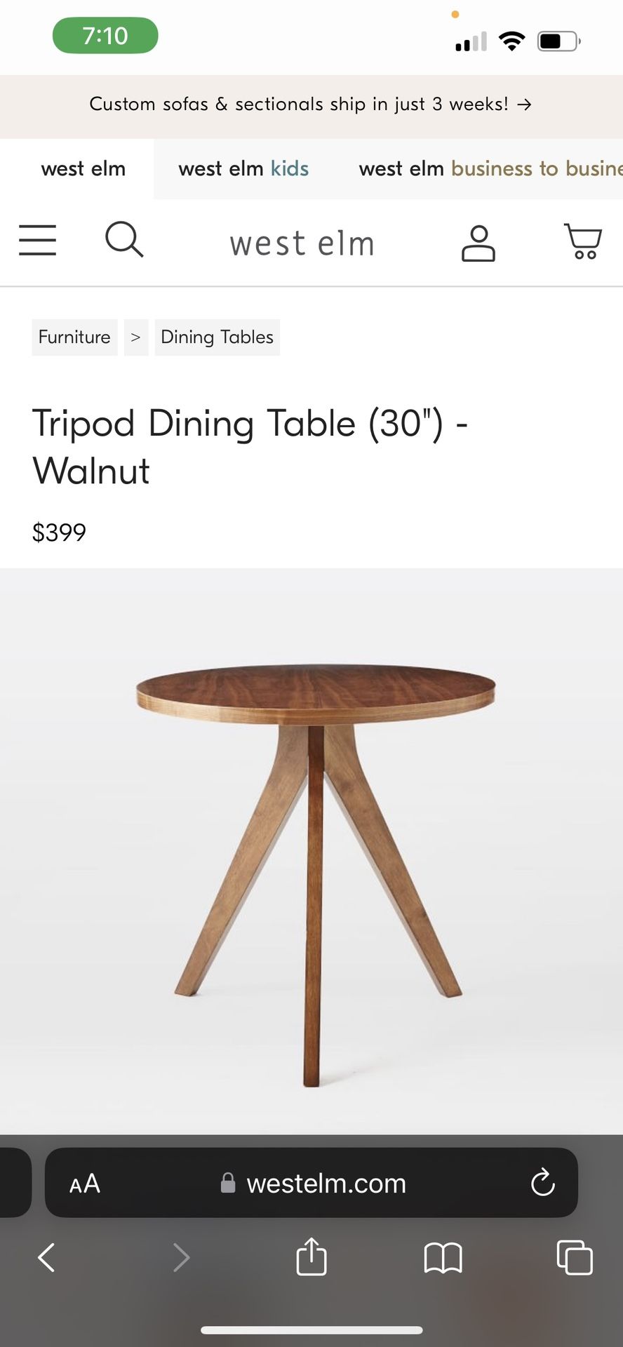 West Elm Small Dining Table $280