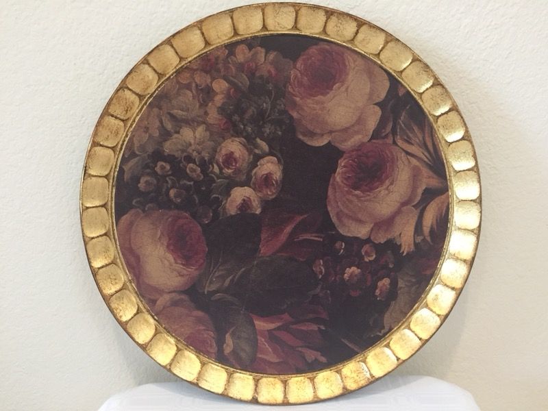 Vintage Italian Sezzatini Gold Gilt Tray ~ Hand Painted Rose Pattern on Wood