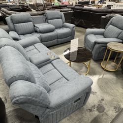 Premium Blue Recliner Living Room 3Pcs Set (7/22) Juego de 3 piezas para sala de estar reclinable azul