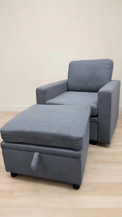 Oversized Gray Accent Chair with Storage Ottoman – Linen Fabric