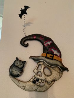 Halloween Skull Witch Hat Metal Wall Decor