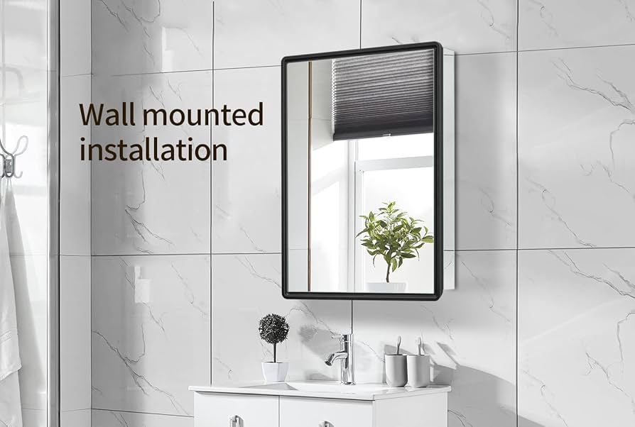 Black Frame 26 Inch X 16 Inch Aluminum Bathroom Medicine Cabinet Recess Or Surface Mount Can be Installed with Left or Right-Hand Swing