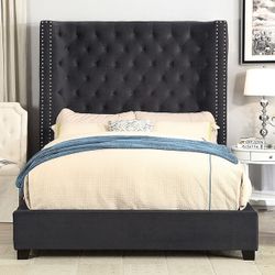 Brand New Black Velvet Wingback Design Queen Size Bed Frame 