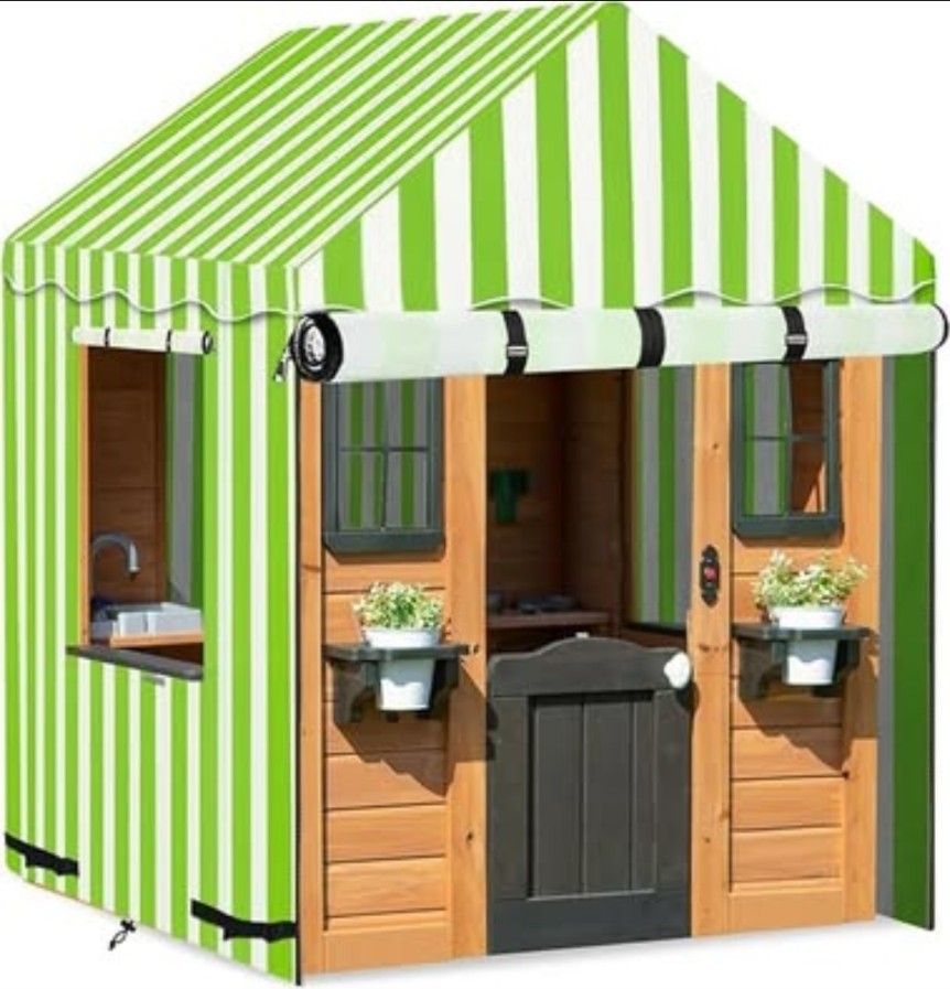 Kids Playhouse Cover 57"Lx57"Wx63"H Fits Many Brands, Green/White, NEW