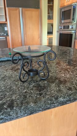 Black Wrought Iron Oil Warmer with Glass Dish