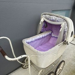 Antique Baby Stroller Buggy Wicker White