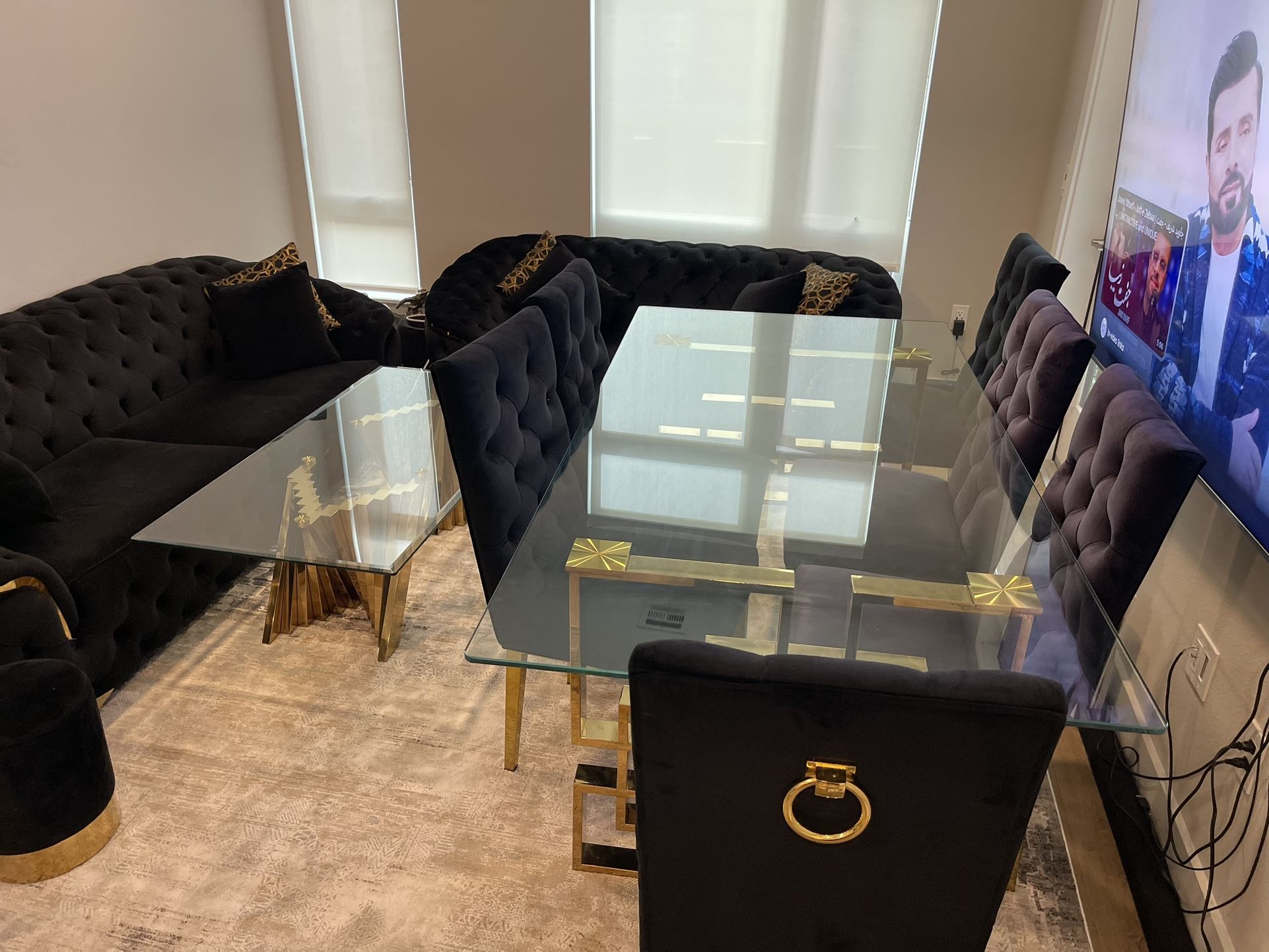 Luxury Black & Gold Living + Dining Set β Sofas, Table, Chairs, Ottomans