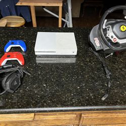 Xbox One S Old Gen With Controllers And Steering Wheel 