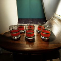 Vintage Culver Christmas Ribbon double old-fashioned glass, MCM set of 7