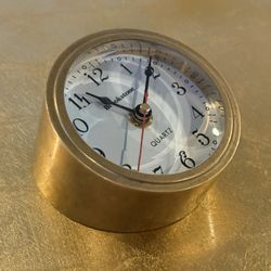 Vintage MCM Brookstone Quartz Brass Cylinder Desk Clock Paper Weight