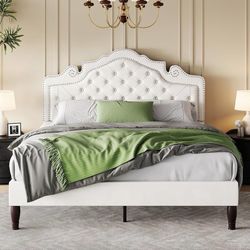 Full Size Bed Frame with Adjustable Headboard/Velvet Upholstered/Diamond Button Tufted and Metal Studs/No Box Spring Needed/Sturdy Wood Slat Support/E