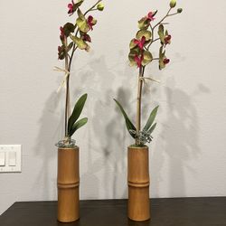 Set of 2 faux orchids in bamboo vase