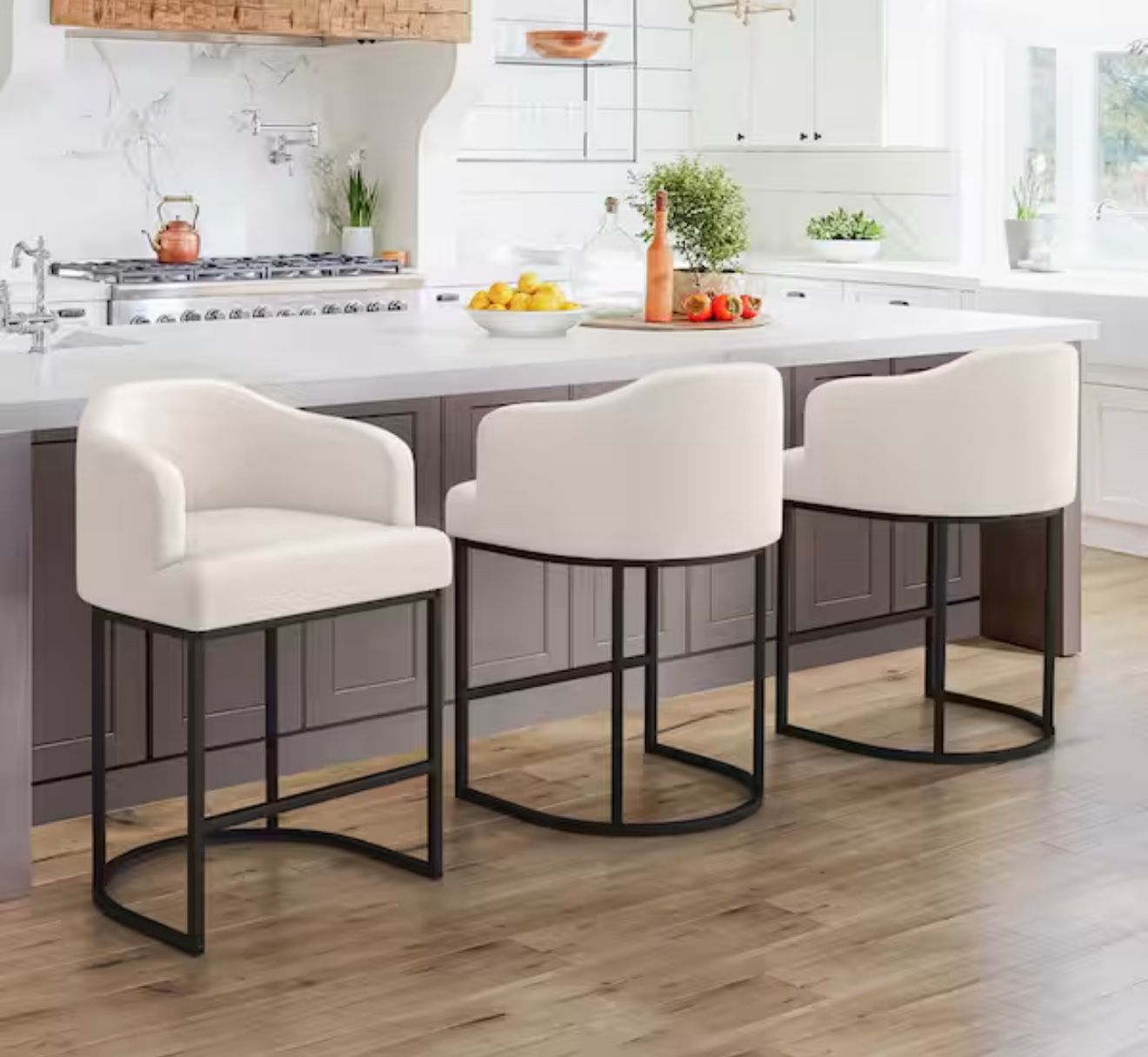 Crystal Linen 26 in.Counter Height Fabric Upholstered Bar Stool Kitchen Island Stool With Black Metal Frame Set of 3