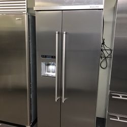 Kitchen Aid 36” Wide Stainless Steel Side By Side Built In Refrigerator 