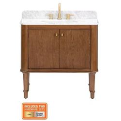 H DC Collette 36" Single Sink Connamon Oak Bath Vanity With Carrera White Marble Top - R