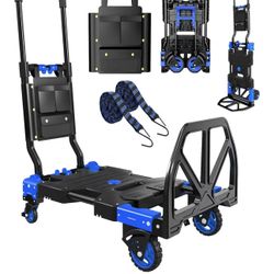 Folding Hand Truck, 2 in 1 Portable Heavy Duty Carrying Moving Dolly Cart with 4 Foldable Wheels and Retractable Handle Duty 330lbs