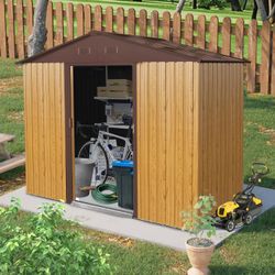 8 ft x 4 ft. Outdoor Metal Garden / Storage Shed (Faux Wood  Coffee Brown) w/ Sliding Door & Foundation [NEW] **Retails for $420  <Assembly Req>