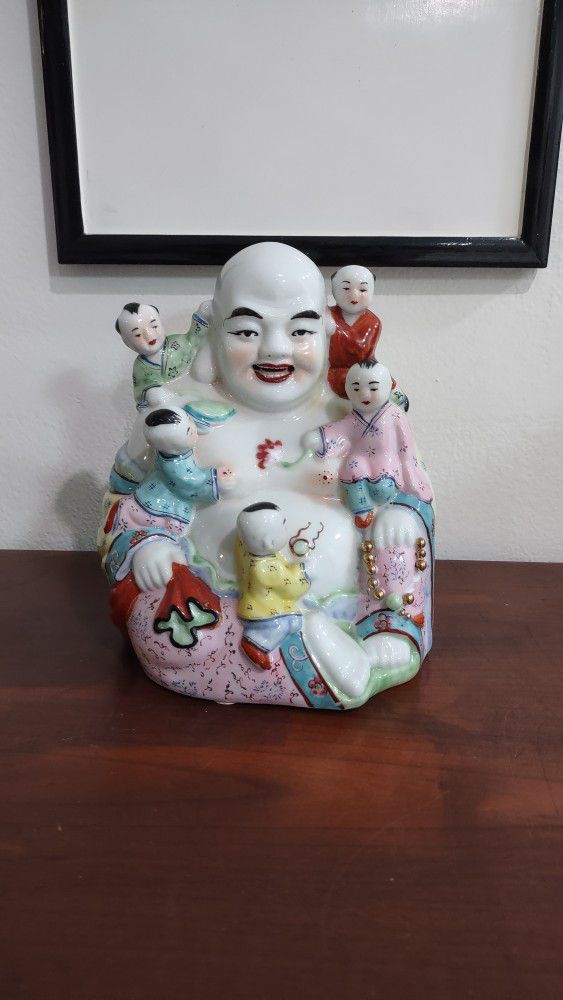 Old Vintage Chinese Porcelain Happy of Fertility and Prosperity Buddha Statue; with 5 children;9 Inch Tall.