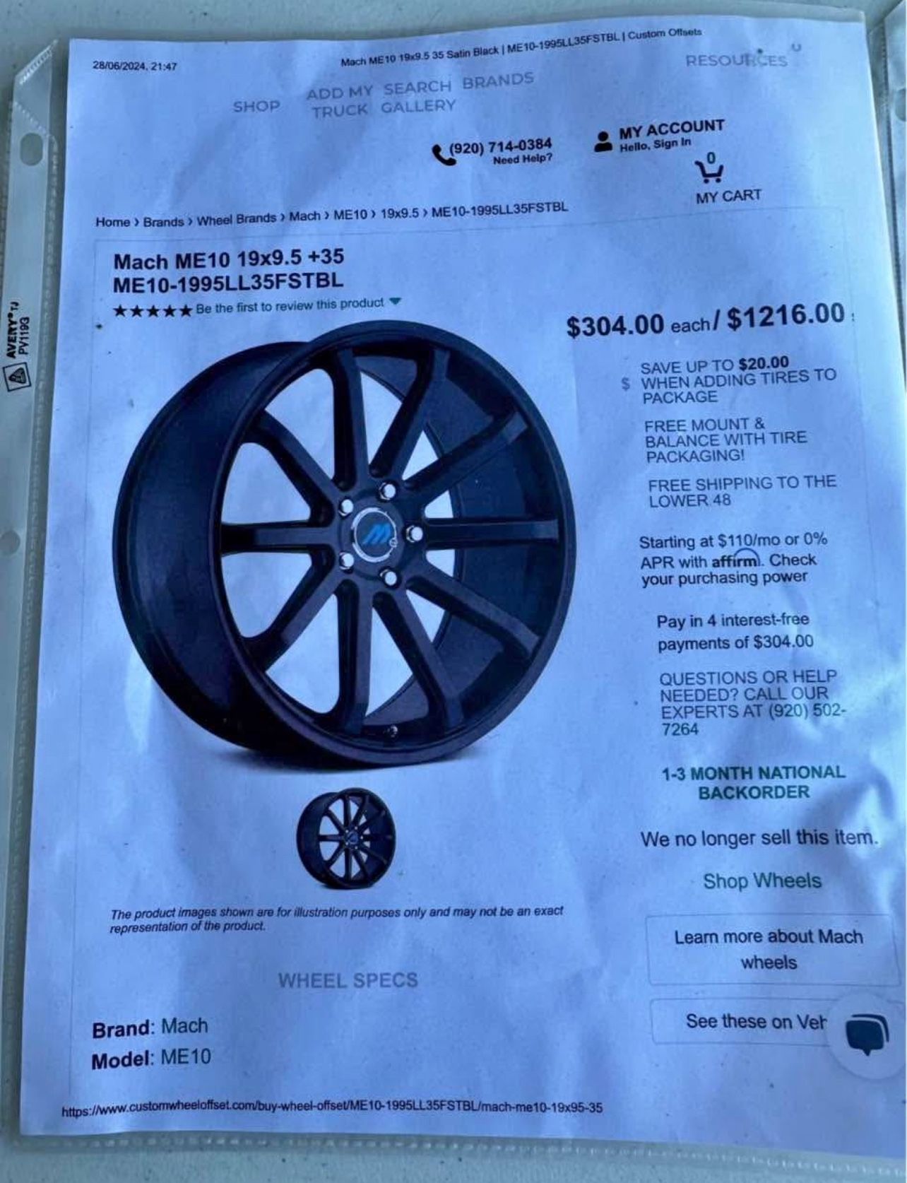 Black 19” Rims & Tires Offset