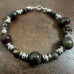 Chic Silver and Dragon Blood Jasper Dark Green Beaded Bracelet.