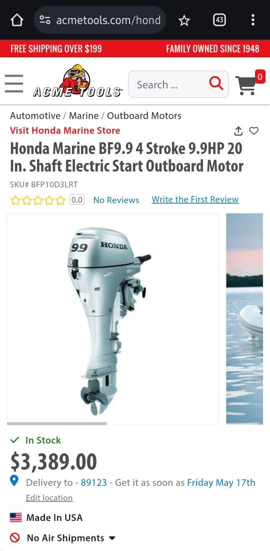 Honda 9.9HP Outboard Boat Motor, With Extras - Price Cut
