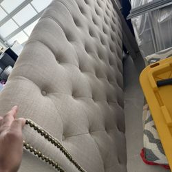 King Size Bed Frame Tufted Beige Bronze  Rivets 