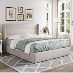 Queen Size Lift Up Storage Bed frame , Modern Wingback , Light Beige Z-13