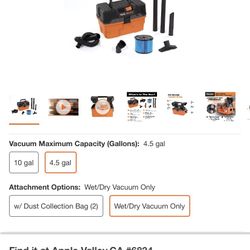 RIDGID 4.5 Gallon 5.0-Peak HP ProPack Wet/Dry Shop Vacuum with Fine Dust Filter, Expandable Hose and Accessories