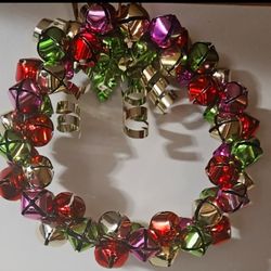 Red/Green/Purple/Gold Jingle Bells Christmas Wreath Metal, Vintage, 12 inch