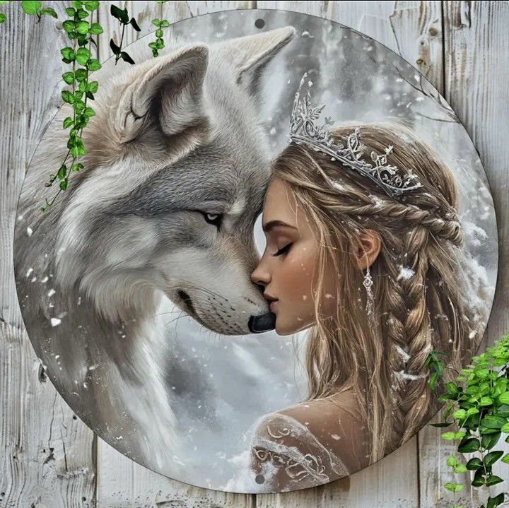 Enchanted Wolf & Maiden 8" Round Aluminum Wall Art