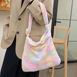 Tote crossbody bag flower plush soft womens pink