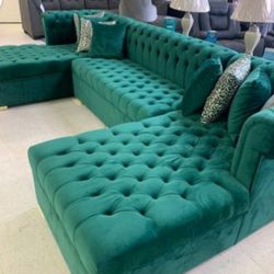 Lauren Green Velvet Double Chaise Sectional
