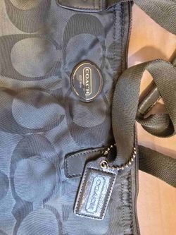 Coach Signature Jacquard/Satin Packable Travel Tote / Duffle Bag in a deep grey/charcoal tone with patent leather accents