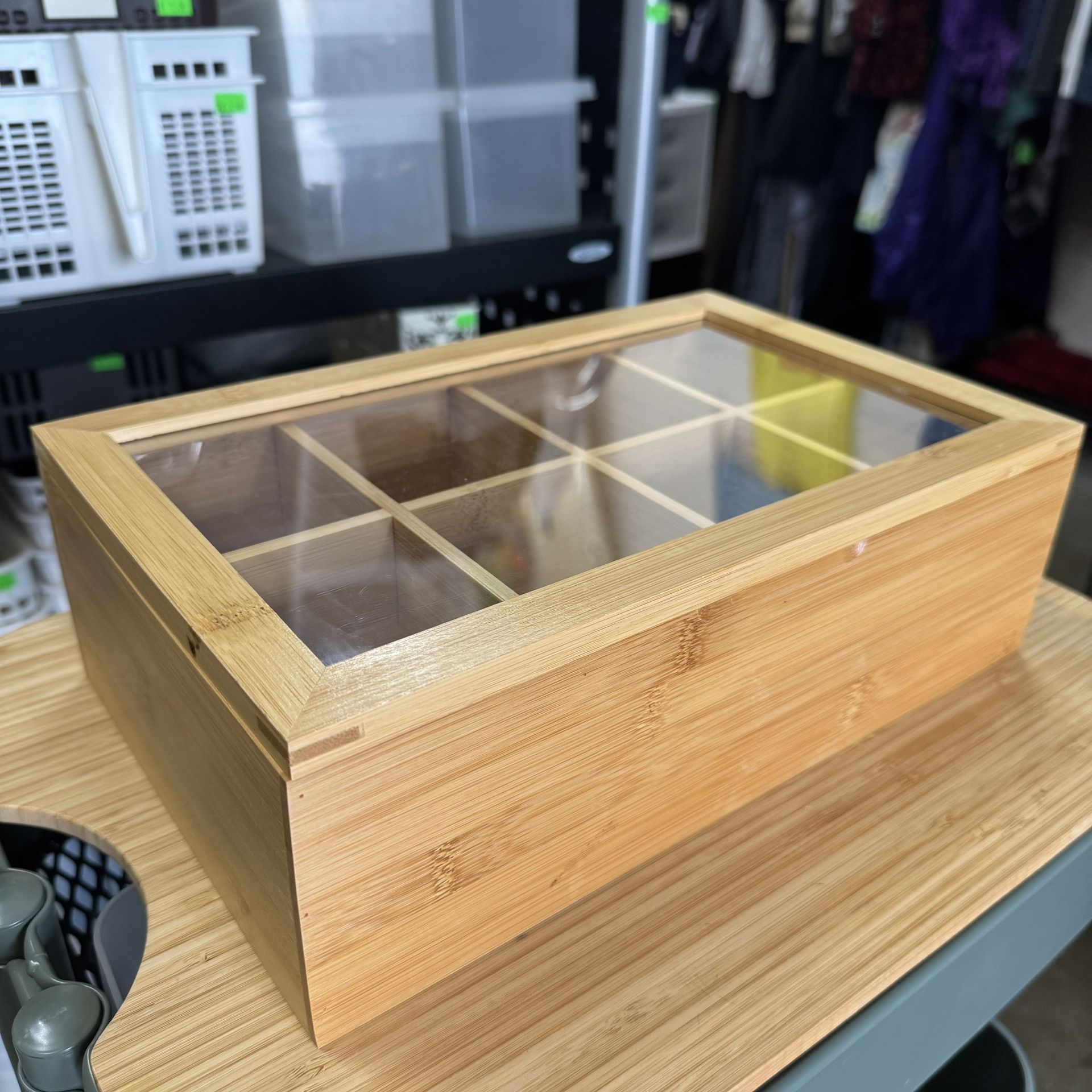 Bamboo 8-Compartment Tea Box with Acrylic and Bamboo Lid Like New