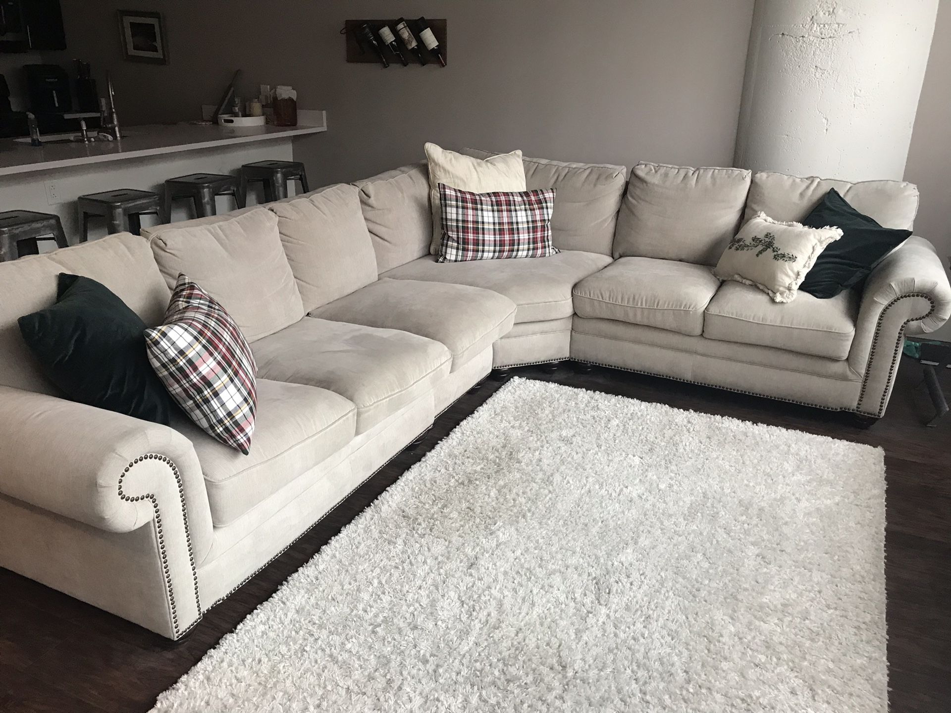 Studded beige sectional couch, 3 years old