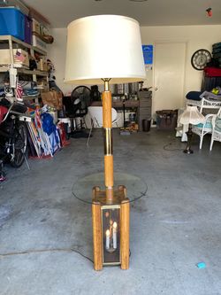 Vintage 1970s Solid Oak & Brass Floor Lamp Table Combo Furniture