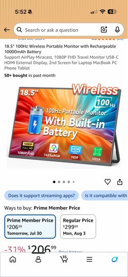 18.5" 100Hz Wireless Portable Monitor with Rechargeable 10000mAh Battery Support AirPlay Miracast, 1080P FHD Travel Monitor USB-C HDMI External Displa