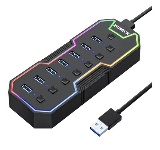 ZIUMIER USB 3.0 Hub, 7-Port USB Expander with LED Strip