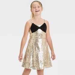 New with tag Cat & Jack gold sequin velvet bow Dress size 8