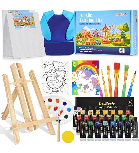 Acrylic Painting Kits for Kids,Non Toxic Painting Set Arts Supplies with 4 Canvas Panels,24 Color Paints,Art Smocks,Table Easels,6 Brushes Etc,Arts an