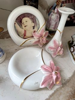 Vintage Pink Orchid Porcelain Set of 3 Frame Dish Bud Vase Gold Trim Signed Lupi