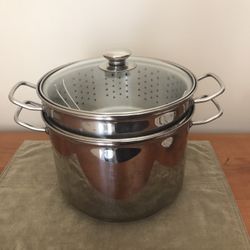 Williams Sonoma 8 Qt Stainless Steel Stock Pot With Steamer Inserts And Glass Lid