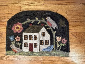 Vintage Primitive Hand Hooked Rug Wall Hanging Folk Art House Americana Mat Tapestry Vintage Style Collectible Fine Art