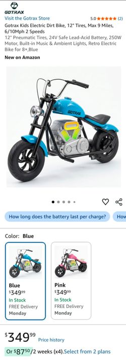 Gotrax Kids Electric Dirt Bike, 12" Tires, Max 9 Miles, 6/10Mph 2 Speeds
12" Pneumatic Tires, 24V  - NIB