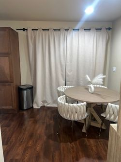Suede dining chairs with gold accent