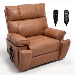 New Caramel Oversized Dual Motor Genuine Leather Power Lift Recliner,Lazy Sofa with Heat and Massage