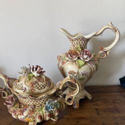 Vintage Floral Ceramic Pitcher And Bowl Set