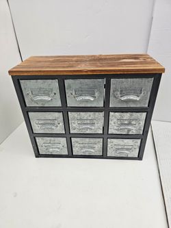 Small 9 Drawer Galvanized Metal & Wood Organizer Industrial Farmhouse Apothecary Chest
