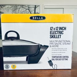 (NEW) BELLA Electric Skillet With Glass Lid, 12” x 12” Nonstick Frying Sauté Steam Pan
